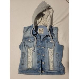 Wax Jean Light Denim Blue Hoodie Pockets Button Front Vest Small EUC